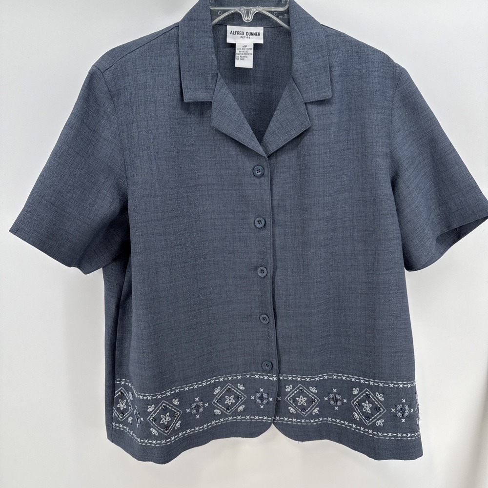 Alfred Dunner Women's Size 16PPolyester Blue Floral Embroidered ButtonDownBlouse